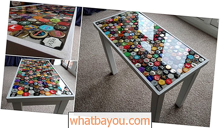 पुरानी बोतल कैप्स {परफेक्ट मैन गुफा फर्नीचर} का उपयोग करके एक रंगीन टेबल कैसे बनाएं